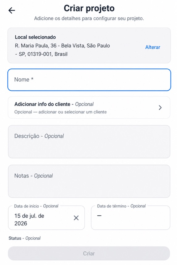 Formulário Criar projeto com Criar destacado